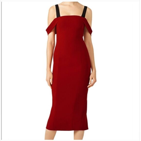 Cinq a Sept Red Nova Cold Shoulder Midi Dress Size 0 - Picture 3 of 10